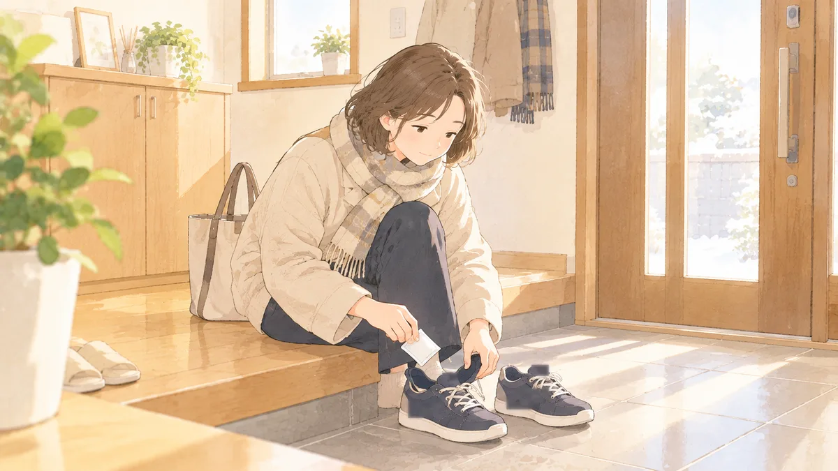 玄関で出かける前にスニーカーへくつ用カイロを入れている女性