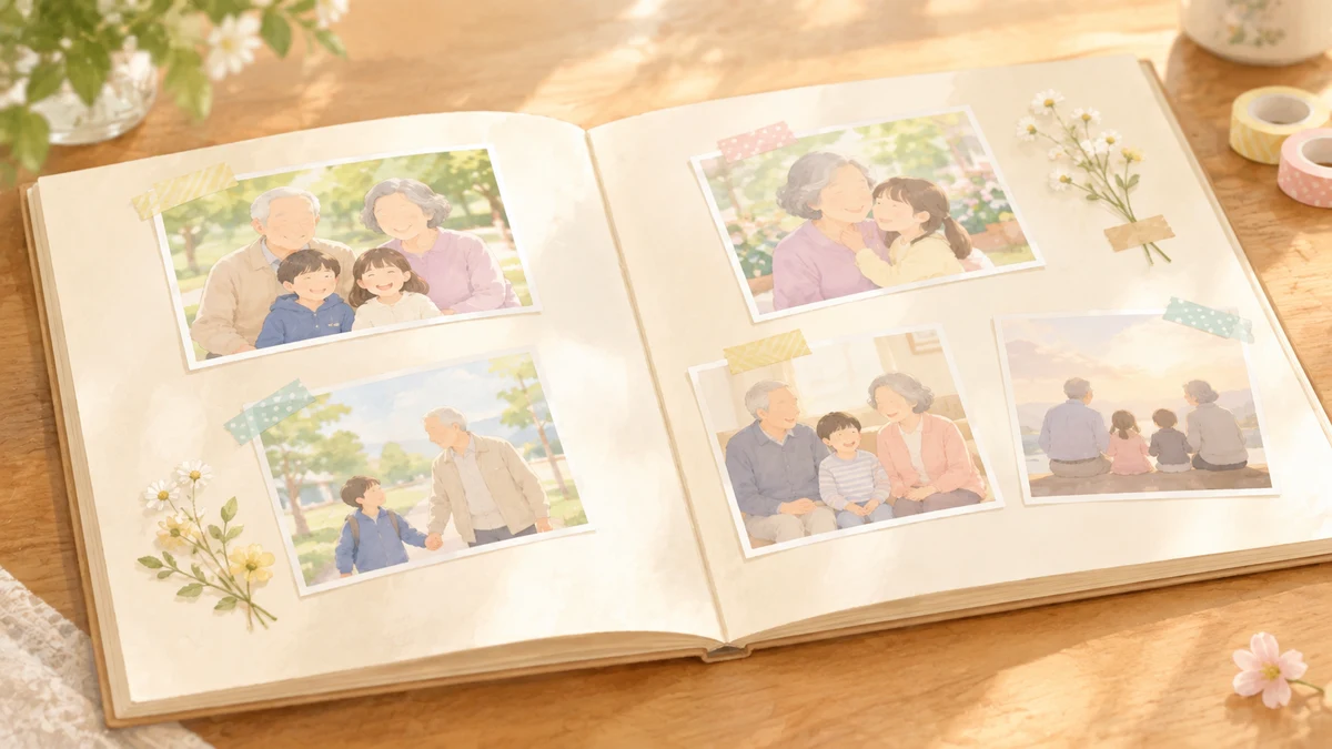 孫と祖父母が写っているアルバム