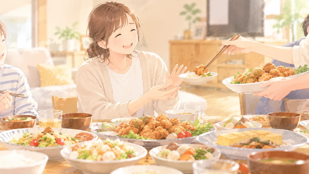 食卓でさらに料理を勧められる様子