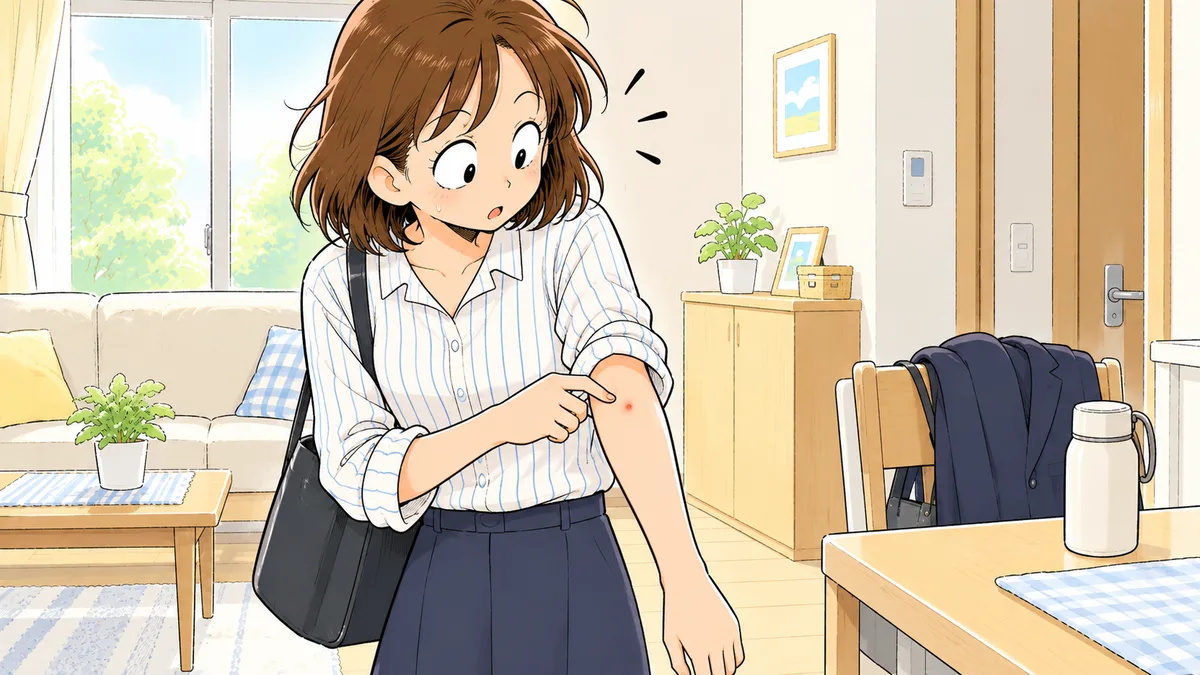 帰宅した女性が腕の刺され跡1か所に気づいて指をさしている漫画