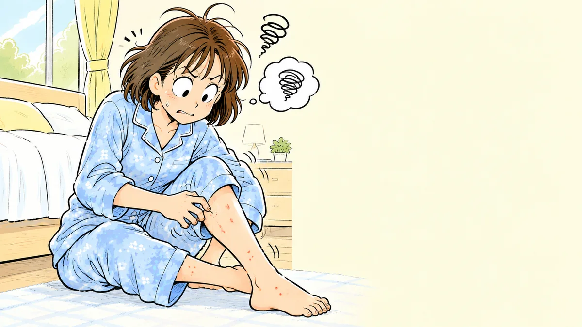 足首の刺され跡を見て考え込んでいる女性の漫画