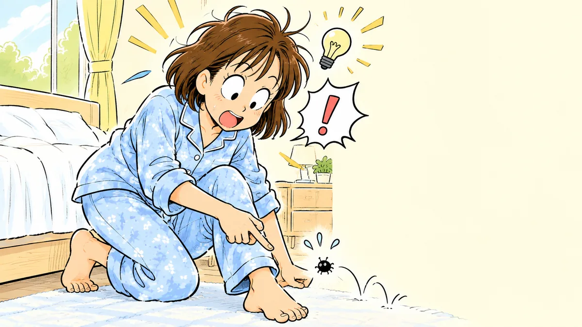 足元で跳ねる小さな虫を指さして気づく女性の漫画