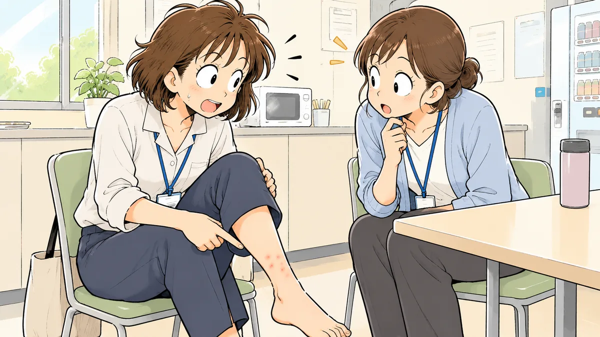 職場の休憩室で同僚に足首の刺され跡を見せながら相談している女性の漫画