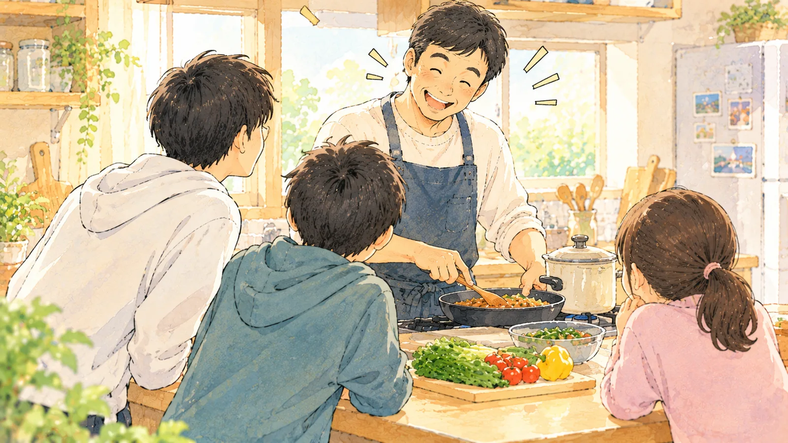 料理をする父親のまわりに、子ども3人が集まって楽しそうに話しかけているイラスト