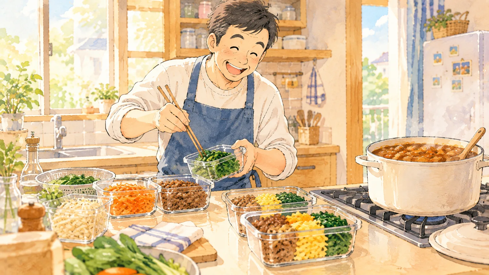 エプロン姿の男性が、ビビンバや三色丼の具を保存容器に詰めて作り置きをしているイラスト