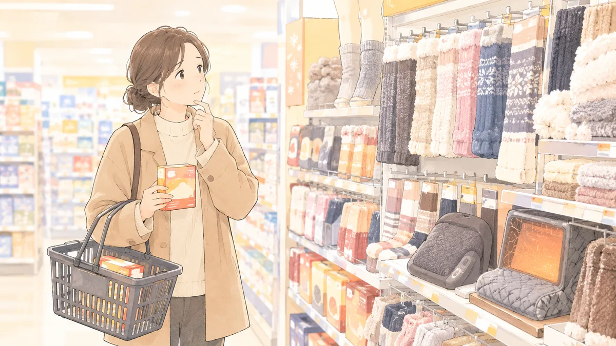 防寒グッズの売り場でカイロの箱を持ったまま、レッグウォーマーや足元ヒーターの棚をながめて迷っている女性