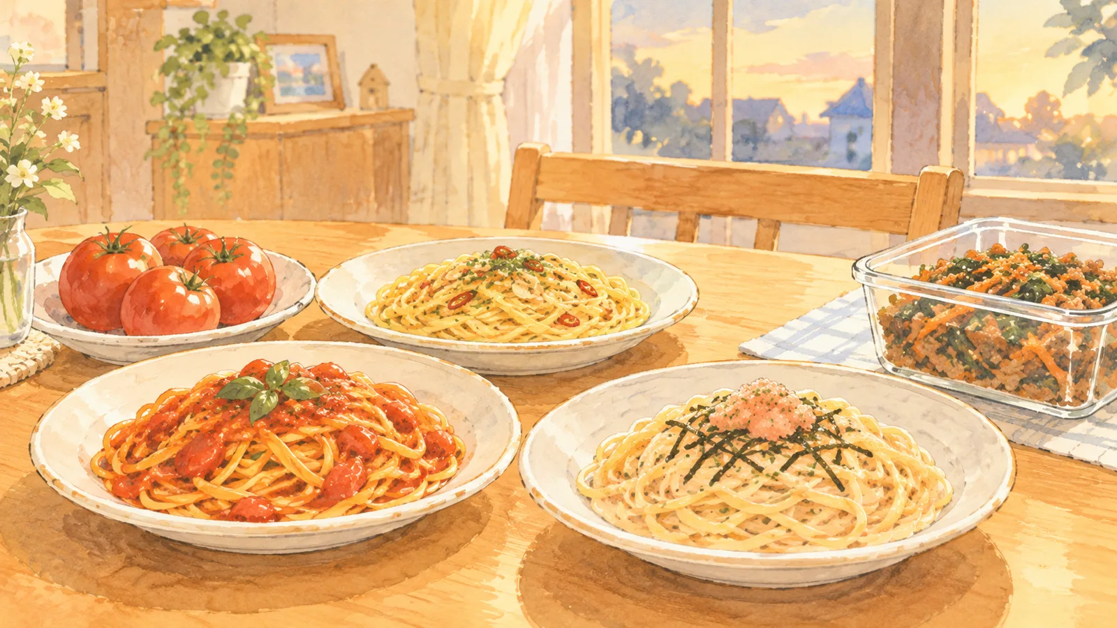 テーブルに並んだ3種類のパスタと丸ごとのトマト、作り置きの保存容器のイラスト