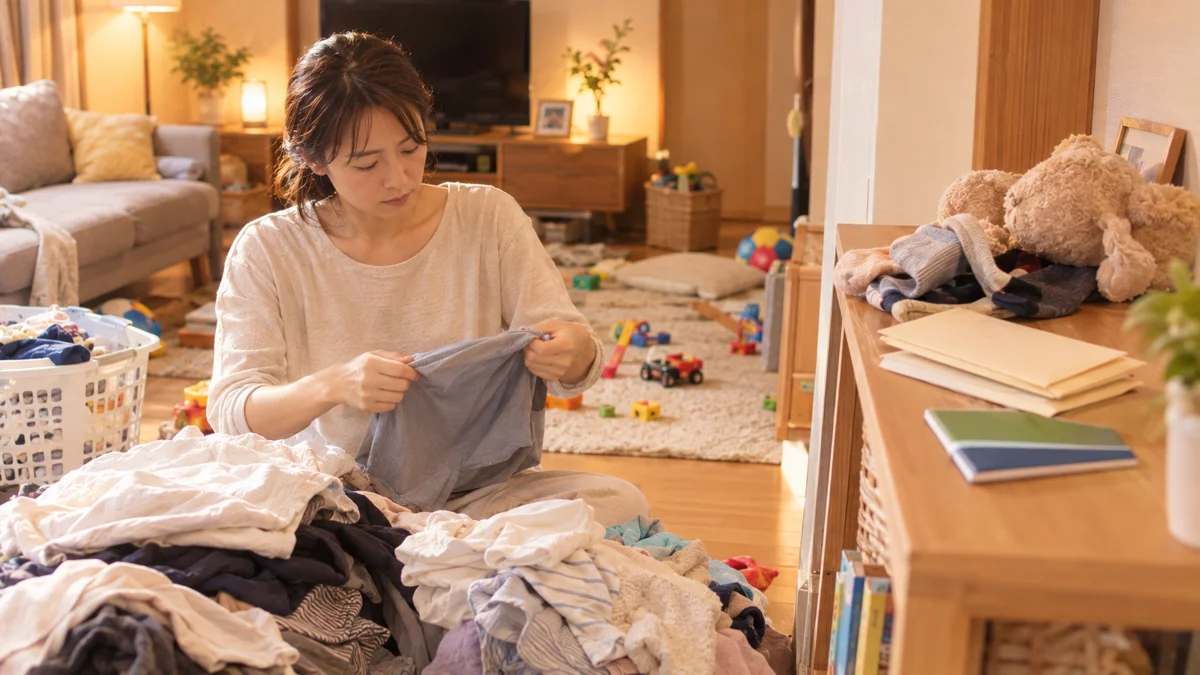 散らかったリビングで洗濯物をたたむ女性。棚の上の封筒と通帳の上にはぬいぐるみと靴下が乗ったまま