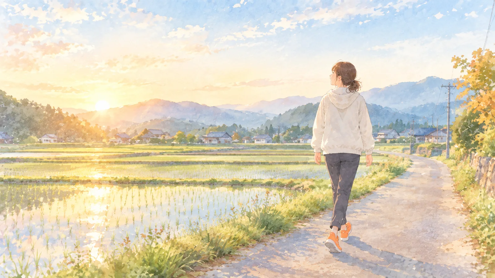 朝日の中、オレンジ色のスニーカーで田んぼ沿いの道を歩く女性のイラスト