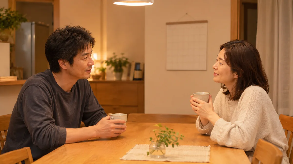 ダイニングテーブルで休みの取り方を話し合う夫婦