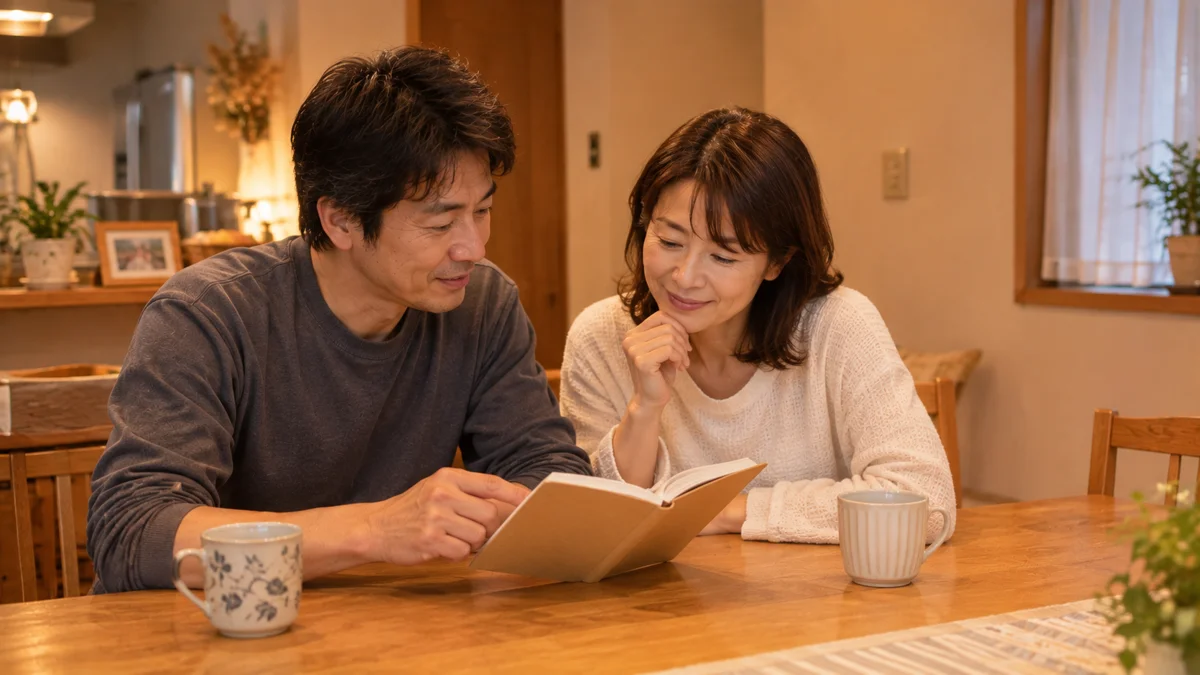 ダイニングテーブルで1冊のノートを一緒にのぞき込む夫婦