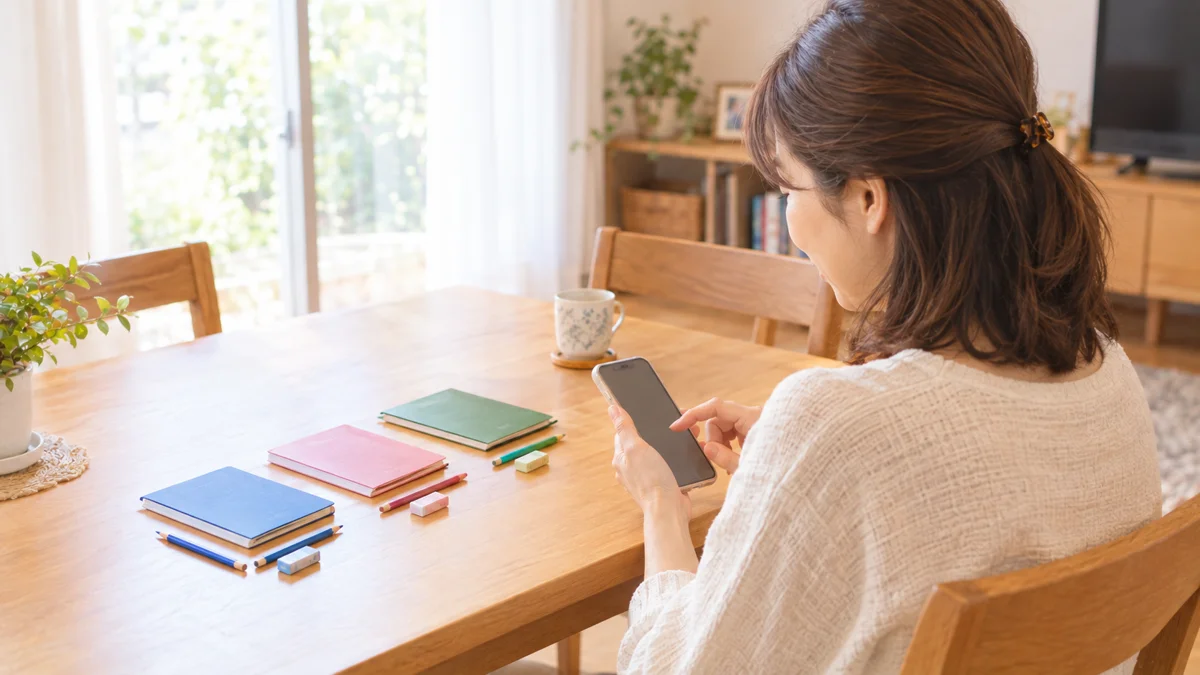 ダイニングテーブルに色ちがいの通帳3冊と子ども用の鉛筆を並べ、スマートフォンを操作する女性