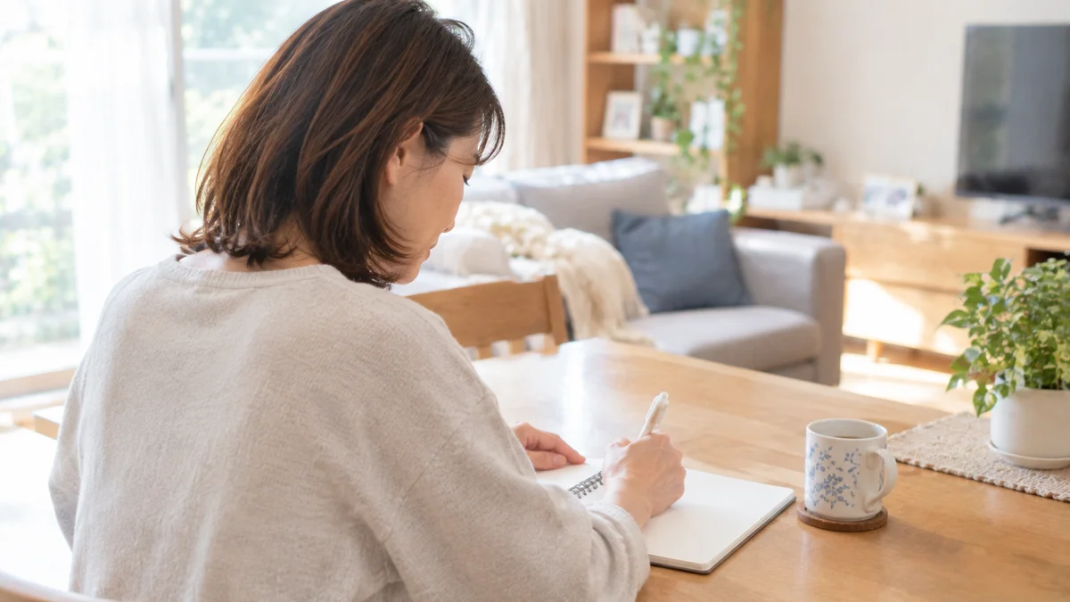リビングのテーブルでノートに書き出しをする女性