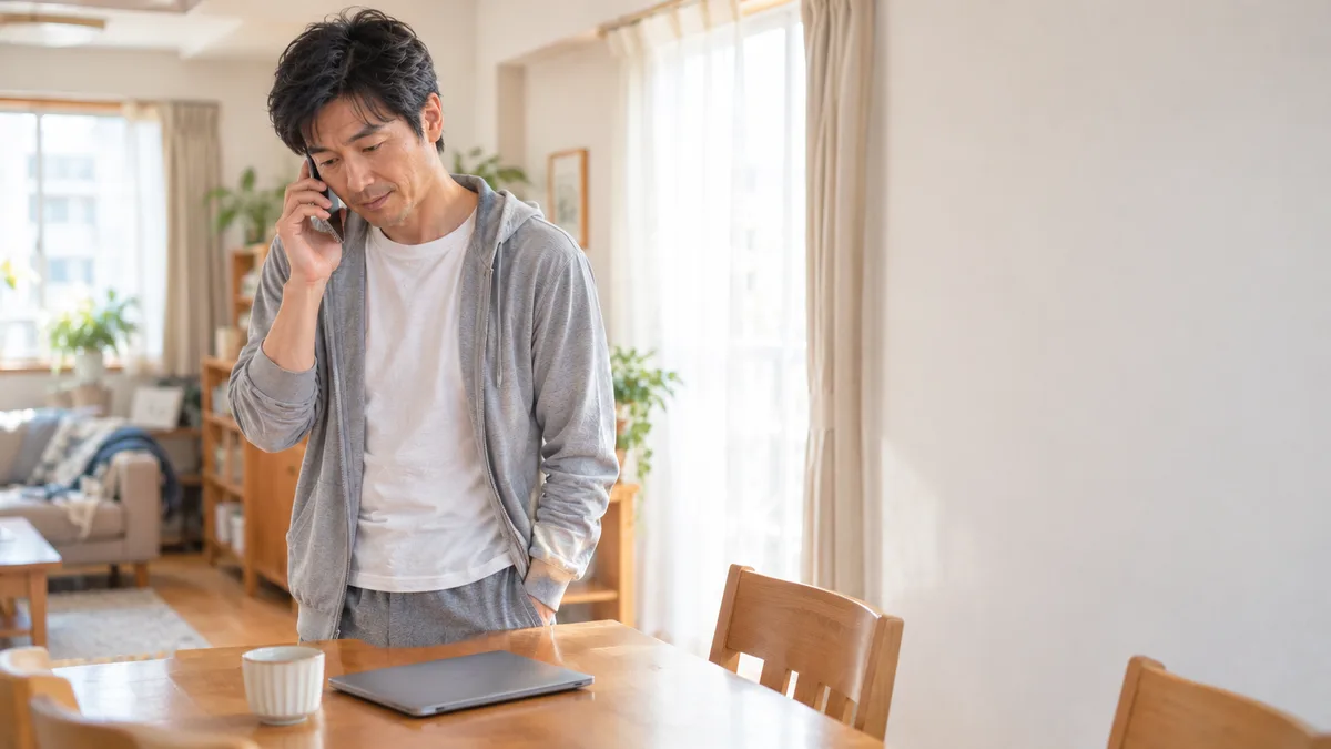 自宅で職場に休みの連絡をする父親