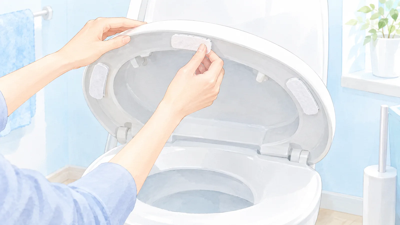 便座を上げて、裏側に白い汚れ防止シートを貼っている手元のイラスト