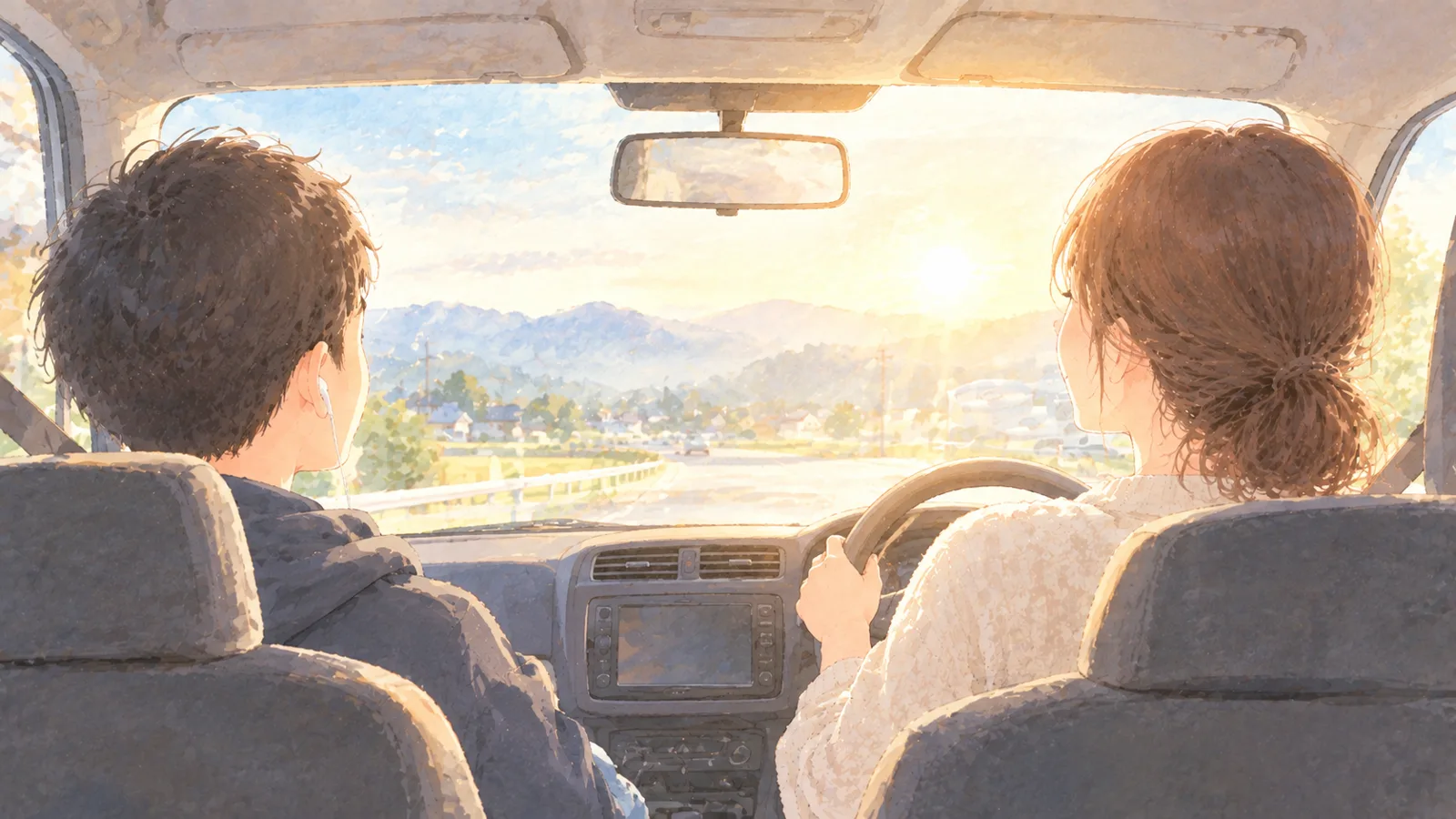 朝の光の中、母親が運転する車の助手席で、高校生の息子がイヤホンで音楽を聞いているイラスト